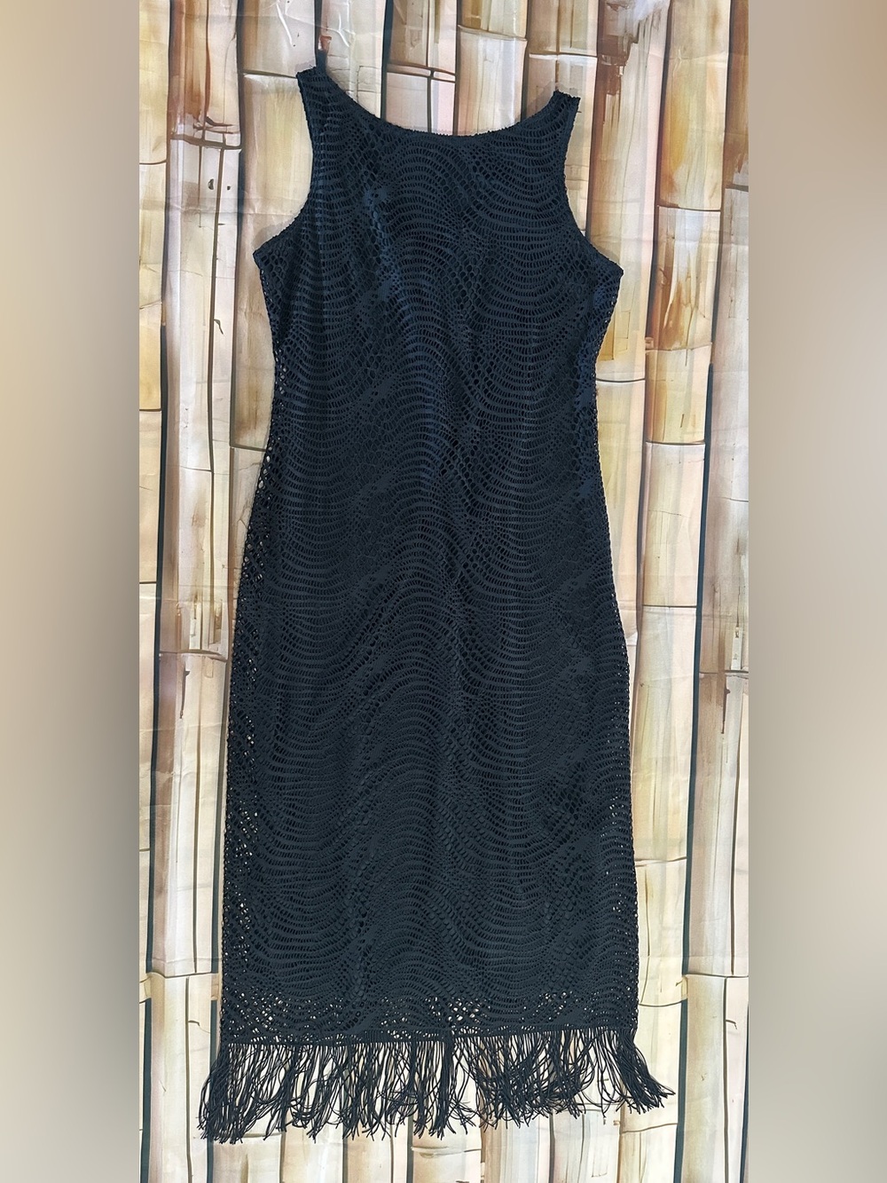 Tiana B Black Lace Crochet Fringe Midi Dress Size 10 Made in USA